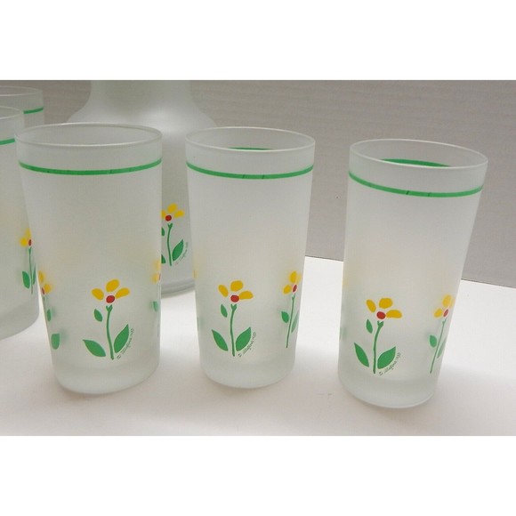 Libbey of Canada Frosted Beverage Carafe 6 Glasses Yellow Flower Telaflora 1985 - Picture 2 of 12